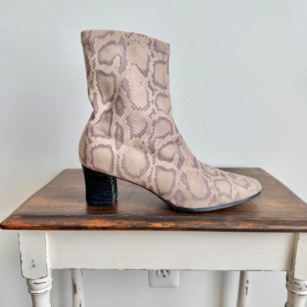 90s Snake Python Sock‎ Boot Cream Grey Square Toe Animal Print